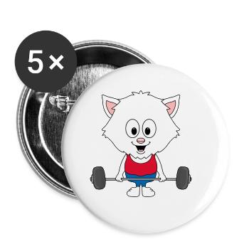 KATZE - GEWICHTHEBER - BODYBUILDING - SPORT - Buttons groß 56 mm (5er Pack) - Weiß - Vorne