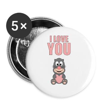 I LOVE YOU - MAULWURF - LIEBE - TIER - HERZ - Buttons groß 56 mm (5er Pack) - Weiß - Vorne