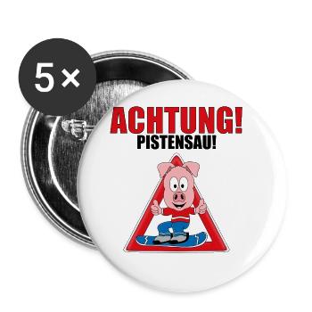 ACHTUNG! PISTENSAU! - SNOWBOARD - WINTERSPORT - Buttons groß 56 mm (5er Pack) - Weiß - Vorne