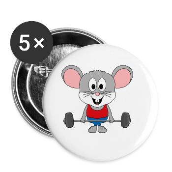 MAUS - FITNESS - SPORT - TIERISCH - FIT - Buttons groß 56 mm (5er Pack) - Weiß - Vorne