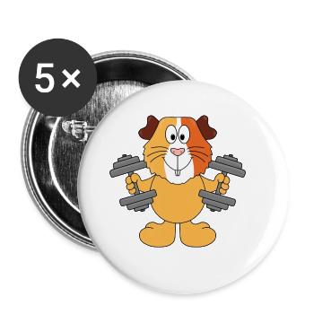 MEERSCHWEINCHEN - HANTELN - FIT - FITNESS - Buttons groß 56 mm (5er Pack) - Weiß - Vorne