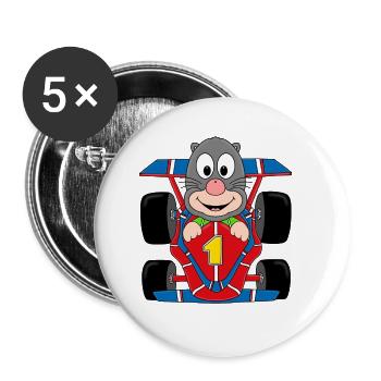 MAULWURF - RENNAUTO - AUTO - RENNFAHRER - TIER - Buttons groß 56 mm (5er Pack) - Weiß - Vorne