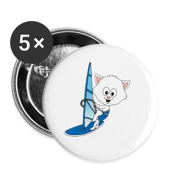 WINDSURFEN - KATZE - WASSERSPORT - TIER - KIND - Buttons groß 56 mm (5er Pack) - Weiß - Vorne