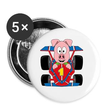 SCHWEIN - AUTO - RENNWAGEN - AUTORENNEN - TIER - Buttons groß 56 mm (5er Pack) - Weiß - Vorne