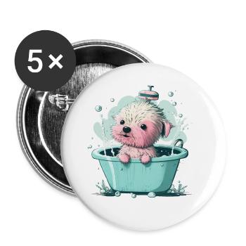 Süsser junger Hund in der Badewanne - Buttons groß 56 mm (5er Pack) - Weiß - Vorne