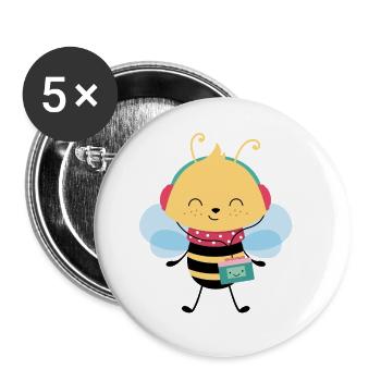 Biene mit Walkman - Buttons groß 56 mm (5er Pack) - Weiß - Vorne