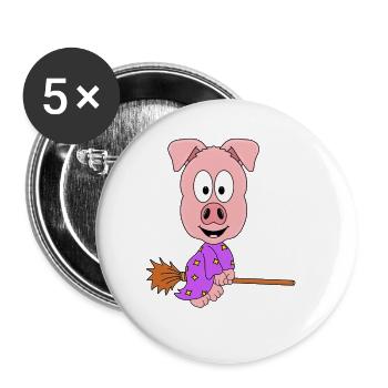 HEXE - SCHWEIN - HEXENBESEN - TIER - KIND - BABY - Buttons groß 56 mm (5er Pack) - Weiß - Vorne
