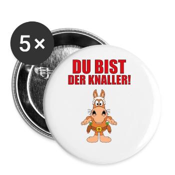 DU BIST DER KNALLER! - PFERD - MÖHREN - COWBOY - Buttons groß 56 mm (5er Pack) - Weiß - Vorne