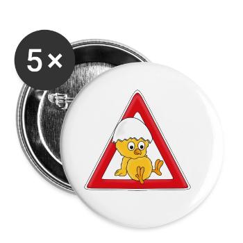 ACHTUNG KÜKEN - VOGELBABY - BABY - EI - NACHWUCHS - Buttons groß 56 mm (5er Pack) - Weiß - Vorne