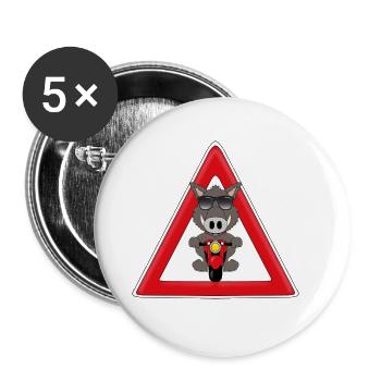 ACHTUNG - RASENDE WILDSAU - WILDSCHWEIN - MOTORRAD - Buttons groß 56 mm (5er Pack) - Weiß - Vorne