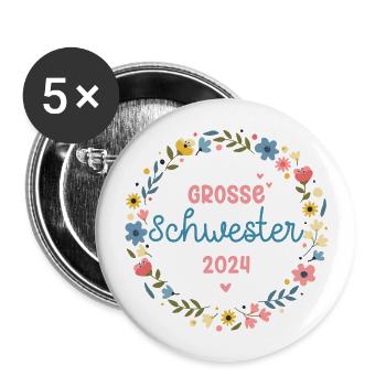 Große Schwester 2024 Herz Blumen - Buttons groß 56 mm (5er Pack) - Weiß - Vorne