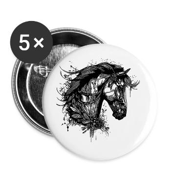 Eleganter Hengst mit Mähne in Blumen Tattoo - Buttons groß 56 mm (5er Pack) - Weiß - Vorne