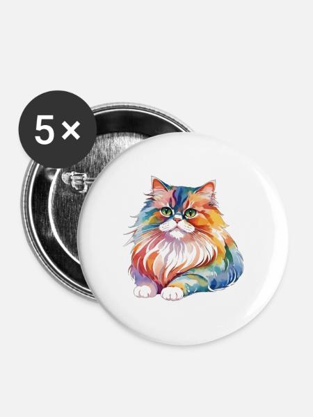 Perserkatze Wasserfarben - Buttons groß 56 mm (5er Pack) - Weiß