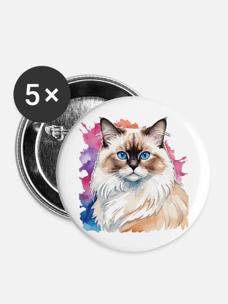 Birmakatze Wasserfarben - Buttons groß 56 mm (5er Pack) - Weiß