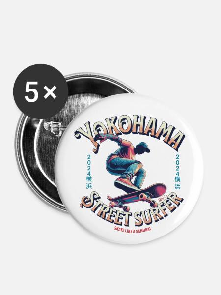 Yokohama Street Surfer - Skate like a Samurai - Buttons large 2.2''/56 mm (5-pack) - white