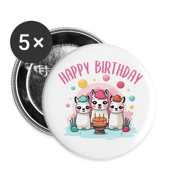 Happy Birthday 3 bunte süße Lamas Geburtstagskind - Buttons groß 56 mm (5er Pack) - Weiß - Vorne