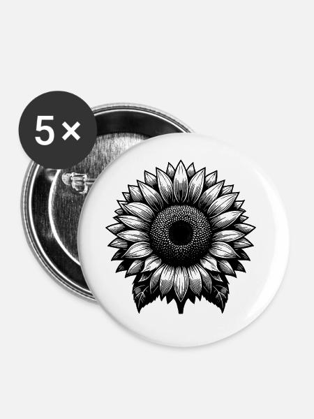 Große blühende Sonnenblume - Buttons groß 56 mm (5er Pack) - Weiß