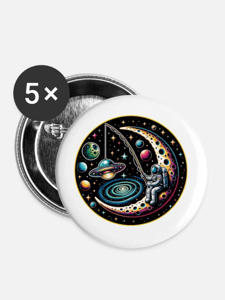 Astronaut sitzt auf Mond und angelt ein UFO - Buttons groß 56 mm (5er Pack) - Weiß