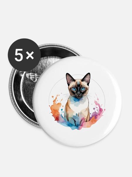 Siamkatze Wasserfarben - Buttons groß 56 mm (5er Pack) - Weiß