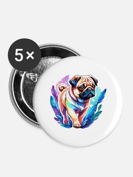 Mops Wasserfarben - Buttons groß 56 mm (5er Pack) - Weiß
