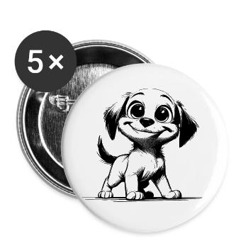 Kinder Welpe Hund mit großen Augen und Ohren - Buttons groß 56 mm (5er Pack) - Weiß - Vorne