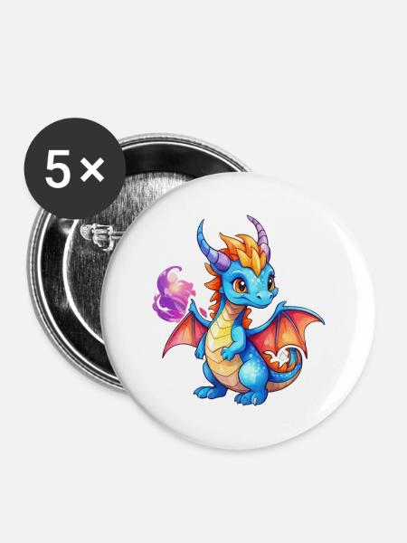 Drache Wasserfarben - Buttons groß 56 mm (5er Pack) - Weiß