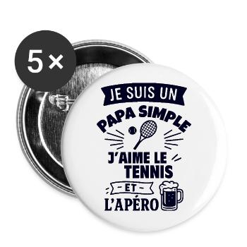 Papa simple tennis idée cadeau fête des pères - Lot de 5 grands badges (56 mm) - blanc - Devant