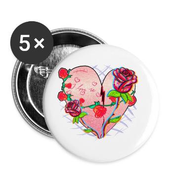 Coeur Forme Symbole Motif Roses Fleurs Paillettes Rouge - Lot de 5 grands badges (56 mm) - blanc - Devant