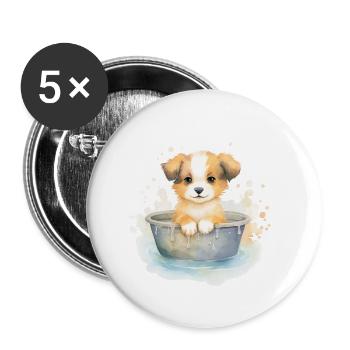 Baby Hund nimmt ein Bad, handgemalt - Wasserfarben - Buttons groß 56 mm (5er Pack) - Weiß - Vorne