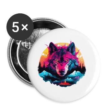 Wolf Wolfskopf Wölfe Wolfsrudel Natur Neon Bunt - Buttons groß 56 mm (5er Pack) - Weiß - Vorne