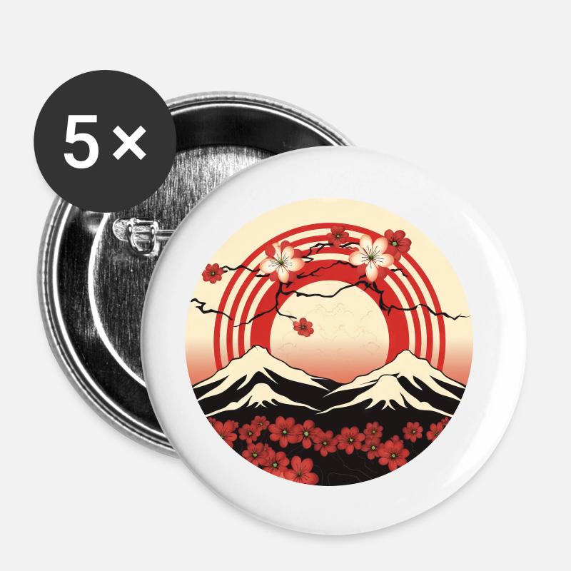 Kyoto Mountains: Cherry Blossoms and Flag - Buttons large 2.2''/56 mm (5-pack) - white