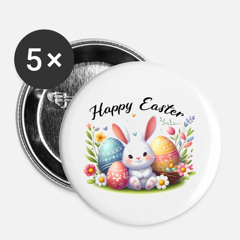 Froher Osterhase - Buttons groß 56 mm (5er Pack) - Weiß