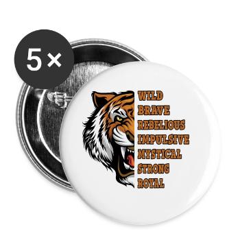 Tiger Tier Raubtier Wild Tapfer Rebellisch Stark - Buttons groß 56 mm (5er Pack) - Weiß - Vorne
