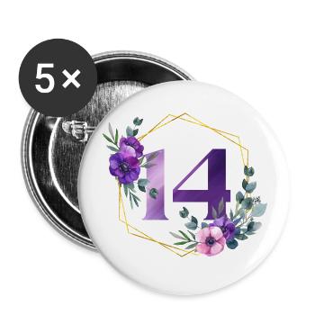 Geburtstag 14 Mädchen Blumenkranz Fourteen 14 Jahr - Buttons groß 56 mm (5er Pack) - Weiß - Vorne
