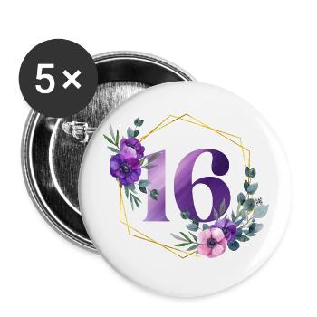 Geburtstag 16 Mädchen Blumenkranz Sechzehn 16 Jahr - Buttons groß 56 mm (5er Pack) - Weiß - Vorne