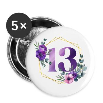 Geburtstag 13 Mädchen Blumenkranz Dreizehn 13 Jahr - Buttons groß 56 mm (5er Pack) - Weiß - Vorne