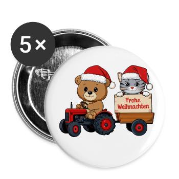 Teddy als Weihnachtsmann mit Traktor und Kätzchen - Buttons groß 56 mm (5er Pack) - Weiß - Vorne