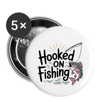 Hooked on Fishing – Lustiges Angel-Motiv - Buttons groß 56 mm (5er Pack) - Weiß - Vorne