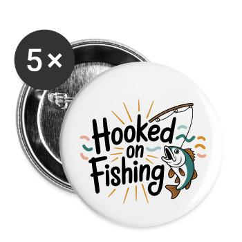 Hooked on Fishing – Funny Fishing Motif - Buttons large 2.2''/56 mm (5-pack) - white - Front