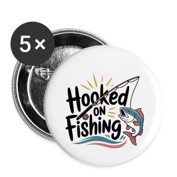 Hooked on Fishing – Funny Fishing Motif - Buttons large 2.2''/56 mm (5-pack) - white - Front