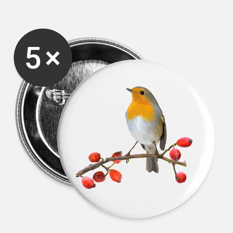 Robin on branch with red berries - Buttons large 2.2''/56 mm (5-pack) - white