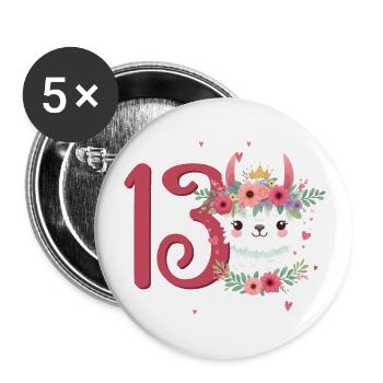 Geburtstag 13 Mädchen Alpaka LLama Lama Dreizehn 1 - Buttons groß 56 mm (5er Pack) - Weiß - Vorne