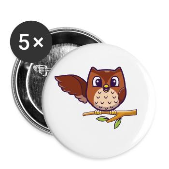 Hello Owl - Eule sitzt auf Ast und winkt - Buttons groß 56 mm (5er Pack) - Weiß - Vorne