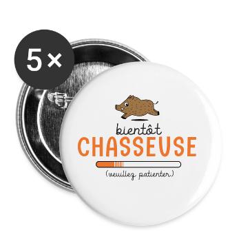 chasseur bientôt chasseuse chasseuses en cours - Lot de 5 grands badges (56 mm) - blanc - Devant