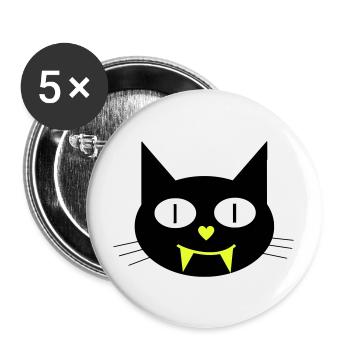 Halloween Vampir-Katze mit Eckzähnen - Buttons groß 56 mm (5er Pack) - Weiß - Vorne