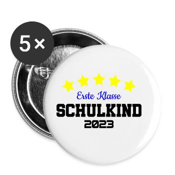 Farben änderbar | Erste Klasse Schulkind 2023 - Buttons groß 56 mm (5er Pack) - Weiß - Vorne