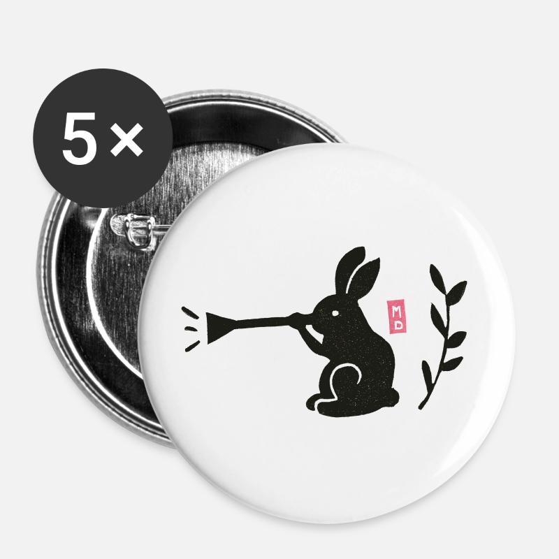 Rabbit Playing Trumpet - Linocut - Buttons large 2.2''/56 mm (5-pack) - white