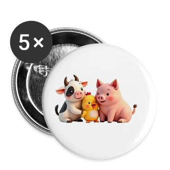 Süße Tiere, Kuh, Küken, Schwein - Buttons groß 56 mm (5er Pack) - Weiß - Vorne