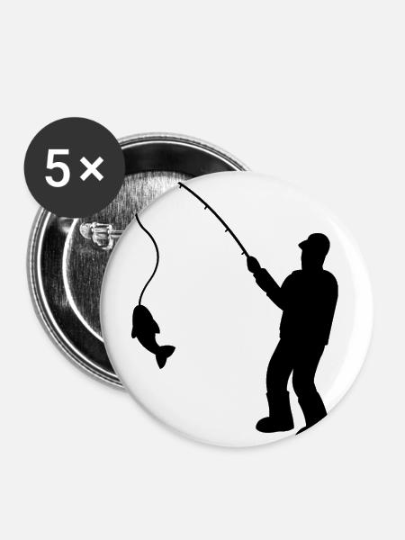 Fischer mit Angelrute und Fisch - Buttons groß 56 mm (5er Pack) - Weiß