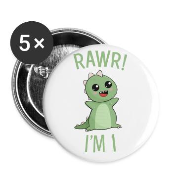 Rawr! Süße Dinosaurier - Ich bin 1 - Buttons groß 56 mm (5er Pack) - Weiß - Vorne